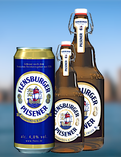 Flensburger. Le bottiglie riportano il marchio con il veliero in navigazione a sottolineare la vocazione di far conoscere le loro birre nel mondo.