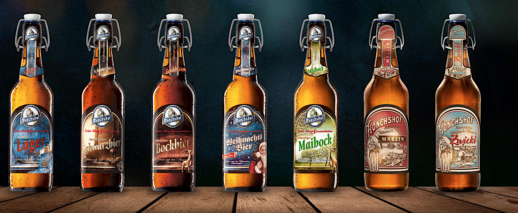 Mönchshof la gamma di birra con bottiglie tappo macchinetta